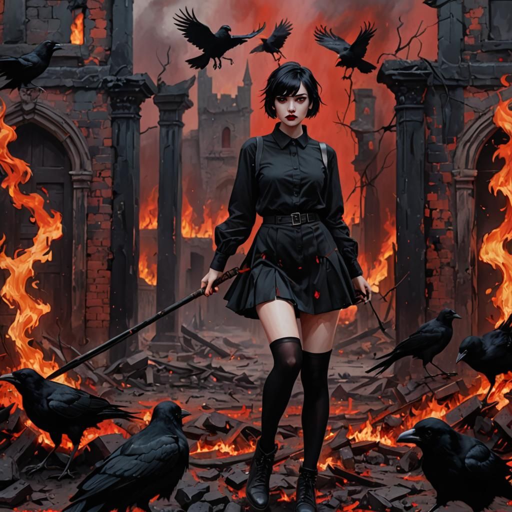 Goth Girl with Crows in Fiery Ruins