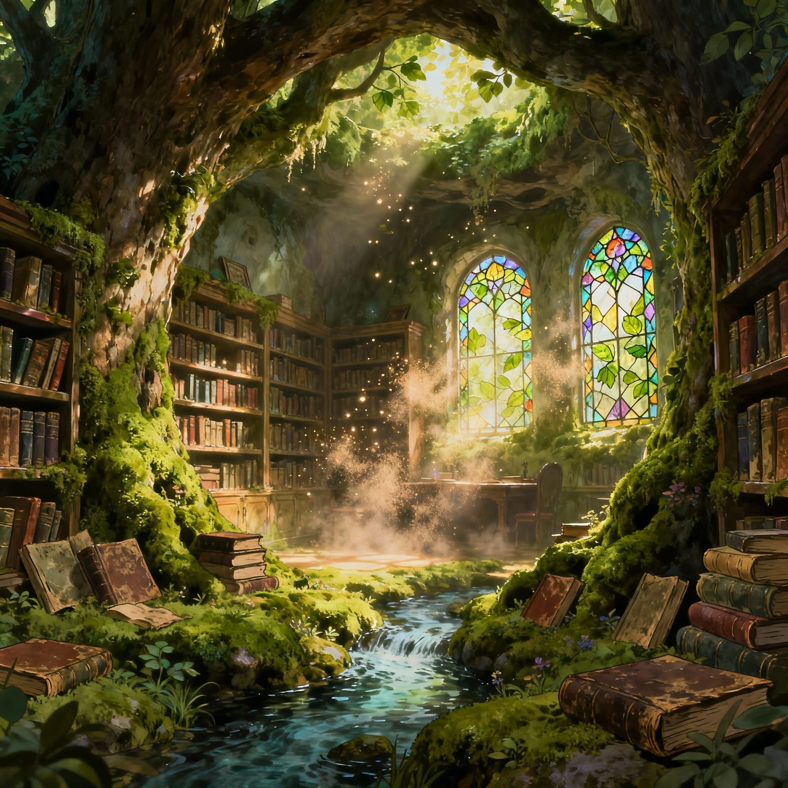 Enchanted Tree Library with Leaf Stained Glass