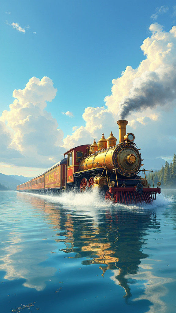 Golden Train Glides on Lake in Anime Style