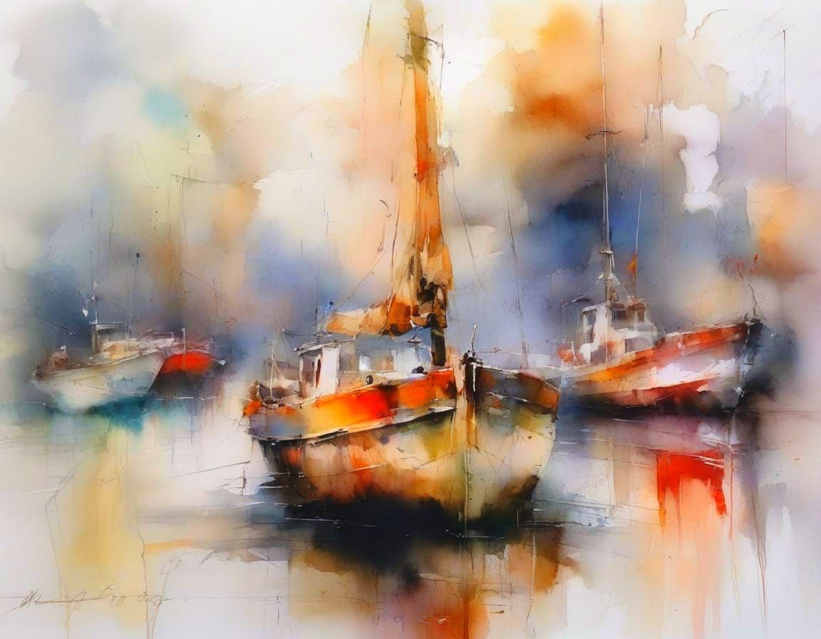 Old Boats in Harbour at Golden Hour Sunset Neo-Impressionist...