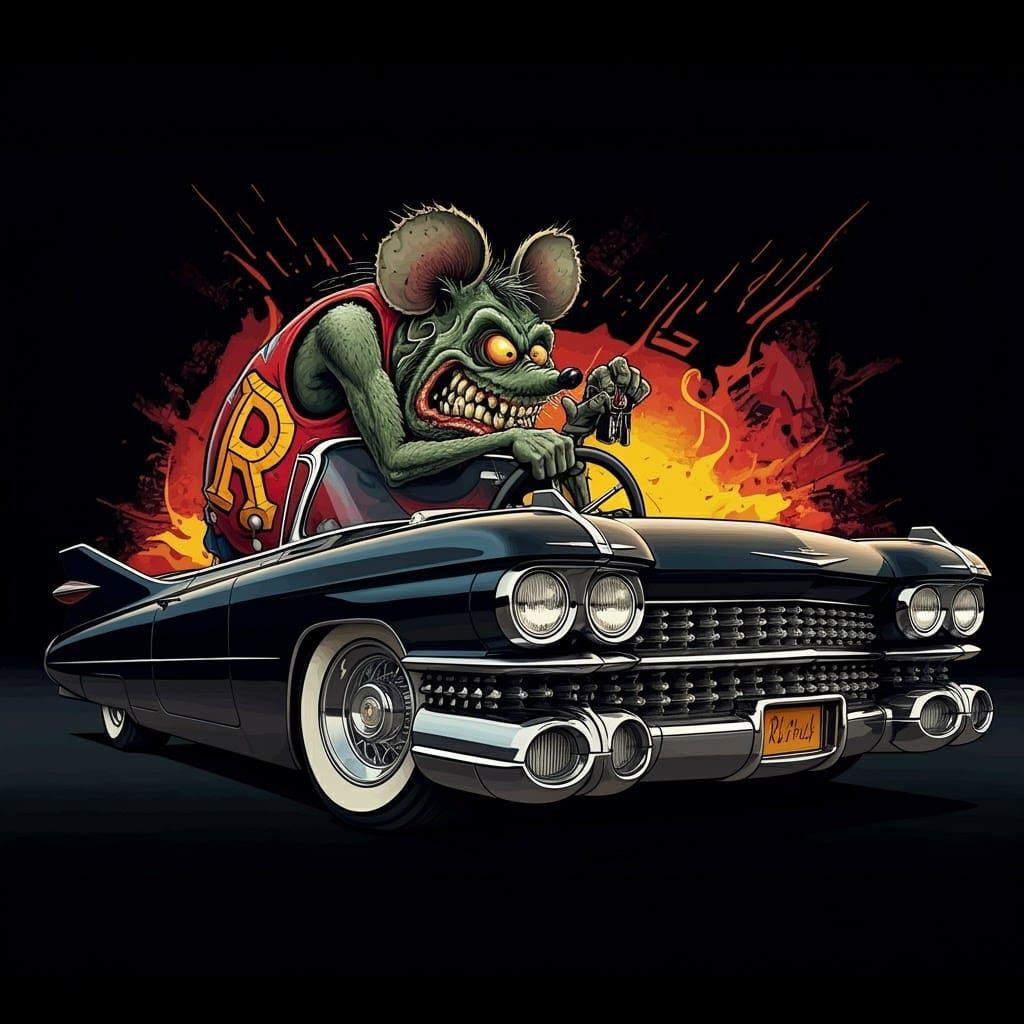 Rat Fink Driving Cadillac in Ed Roth Style