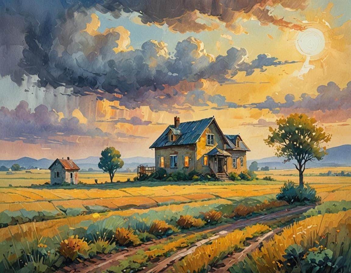 Lonely House in Impressionist Gouache Style