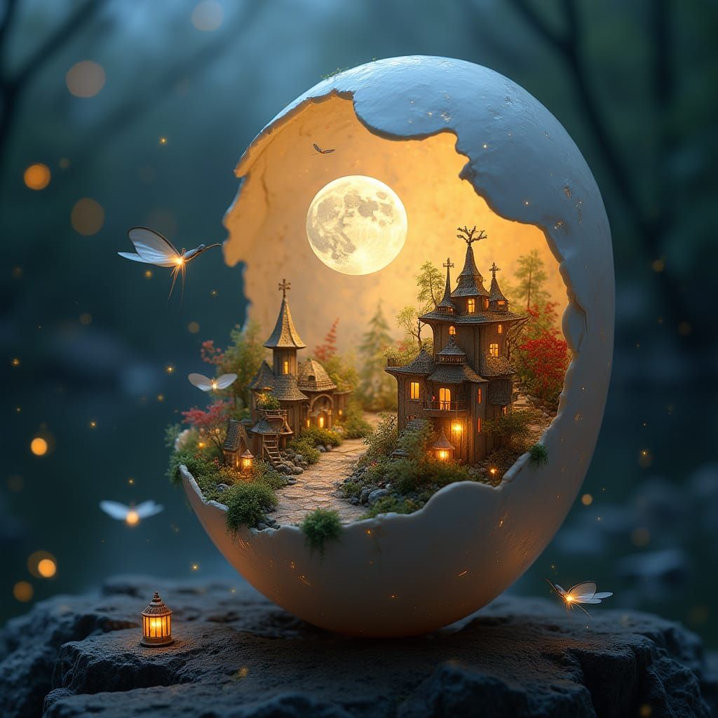 Miniature Fantasy World Emerging from an Opalescent Egg in E...