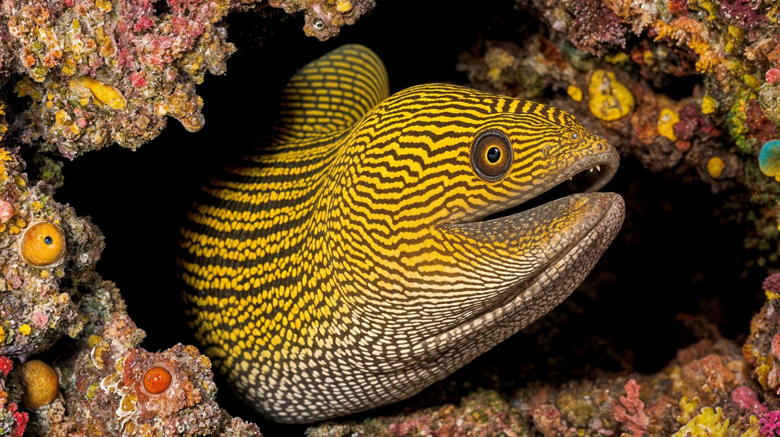 Magnificent Moray Eel in Coral Reef Cave