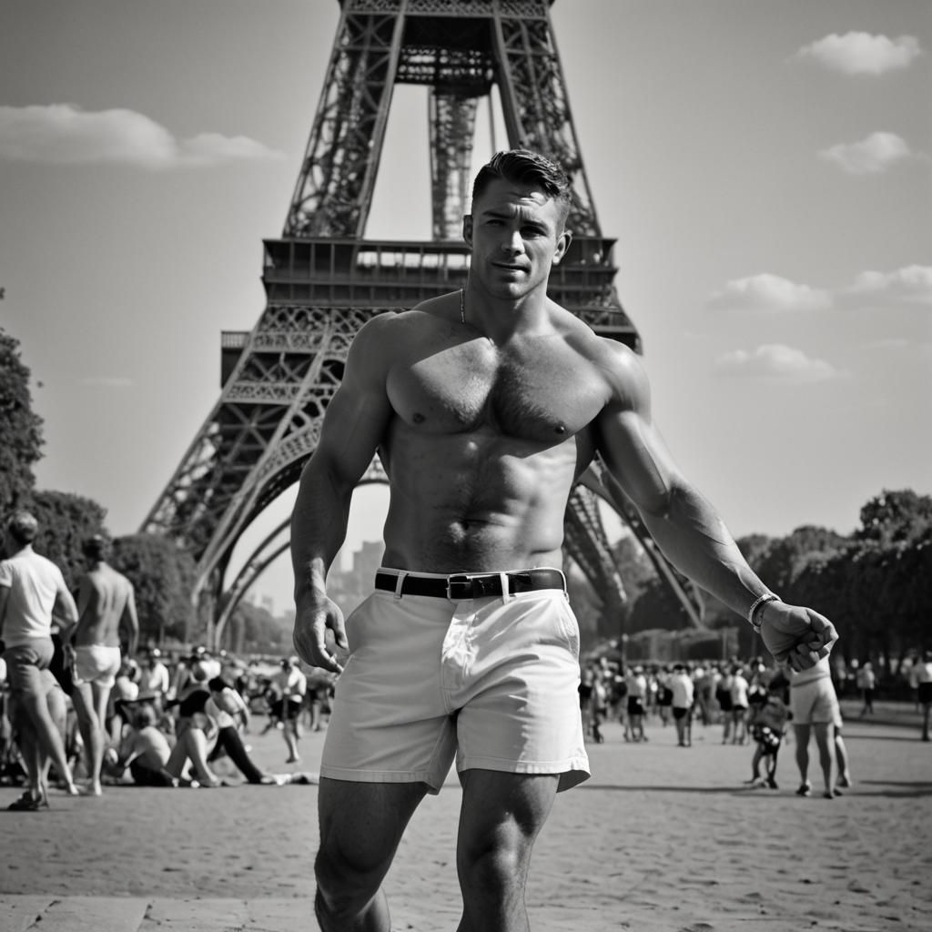 1950s Beefcake near Eiffel Tower: Black and White Photograph...