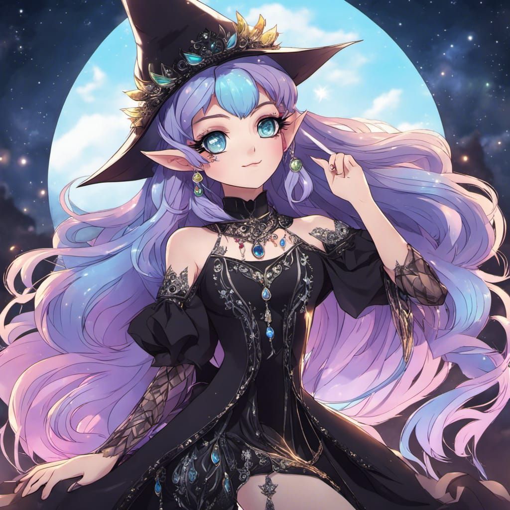 Anime Witch Girl with Rainbow Hair and Filigree Dress