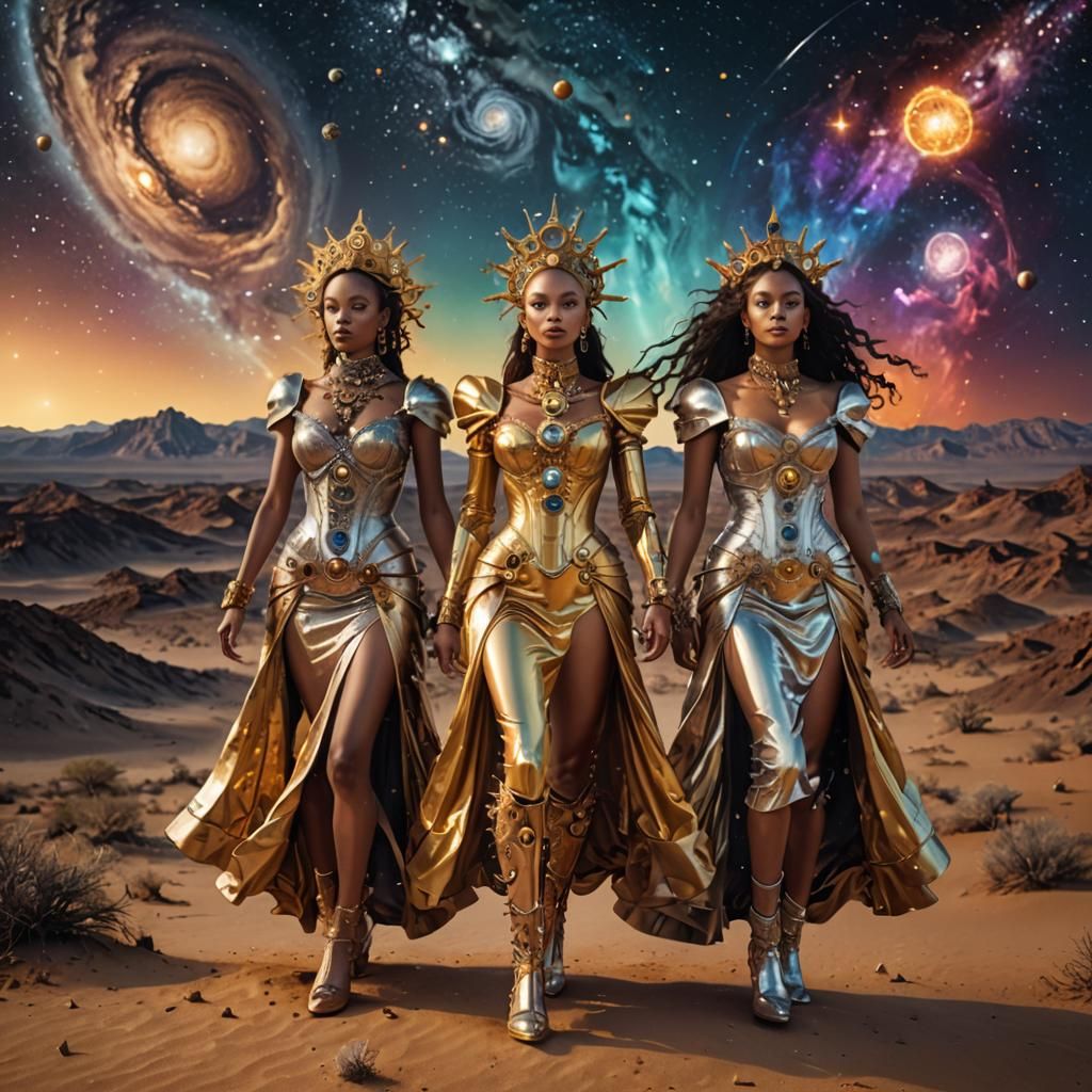 Golden Creole Queens in a Magical Desert Landscape