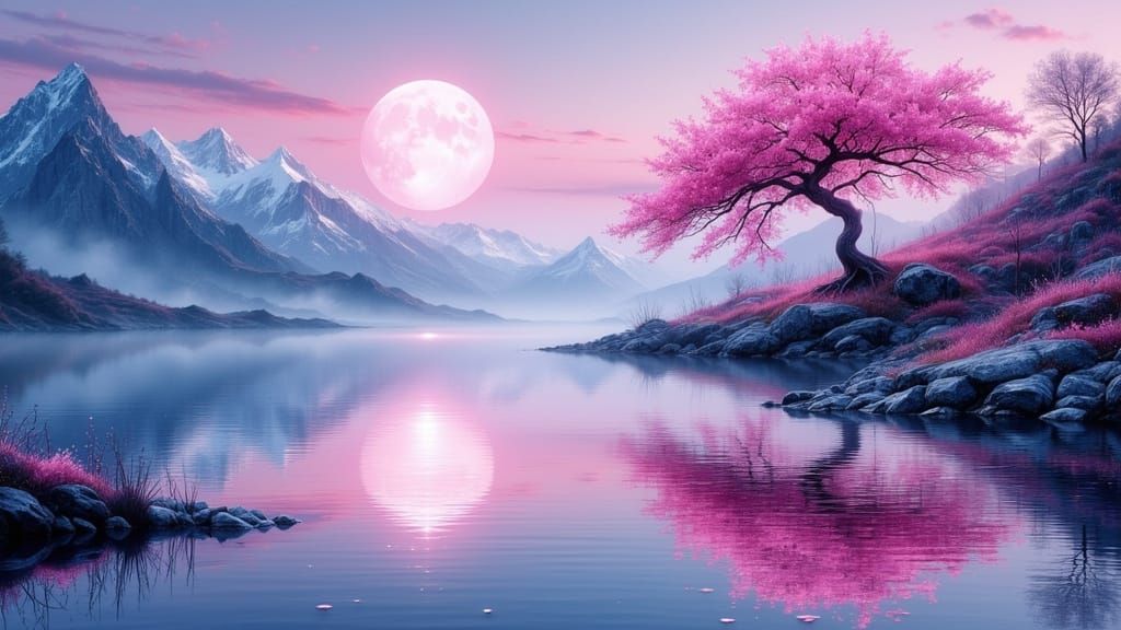 Picturesque Landscape with Pink Moon and Cherry Tree