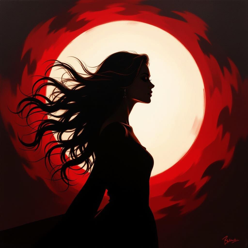 Woman Silhouette With Flowing Hair in Dramatic Red Light