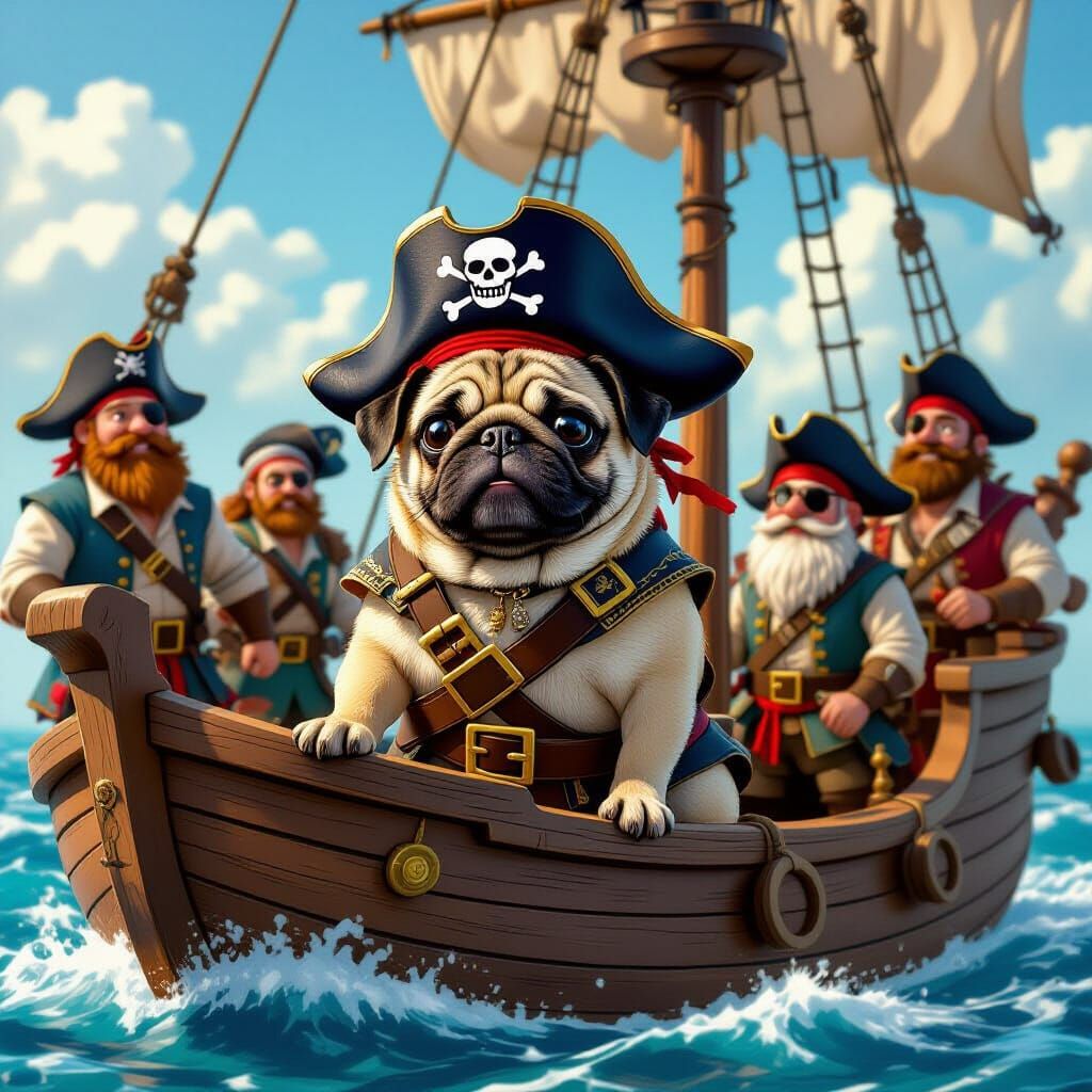 Pug Pirate Captaining His Ship with Pirate Crew
