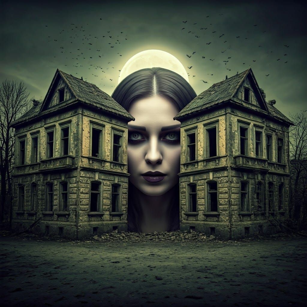 Gothic Horror: Woman's Face in Decaying City