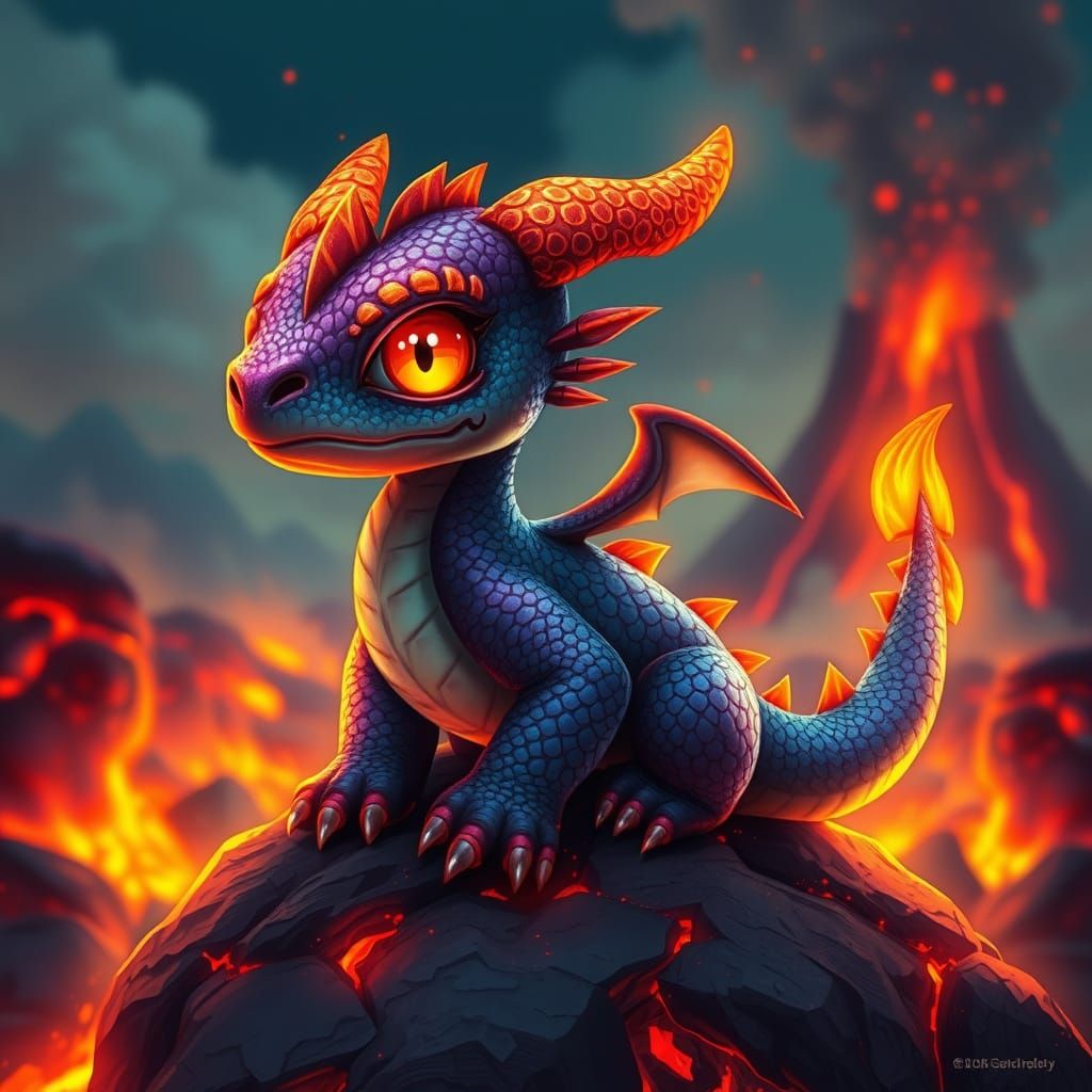 Mystical Fire Dragon Sits atop Volcanic Rock