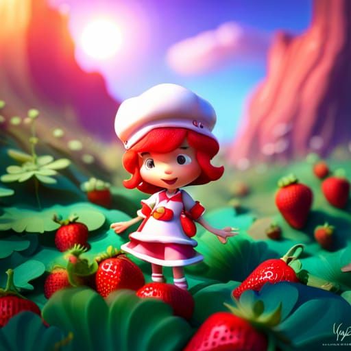 Strawberry shortcake in a fairy strawberries landscape Pixar...