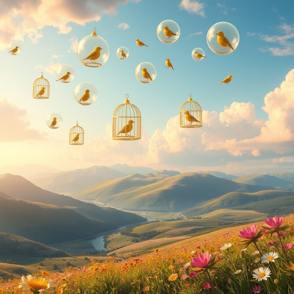 Golden Birdcage Bubbles in Pastel Sky: Matte Painting
