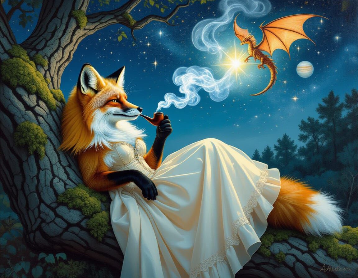 Fox Smoking Pipe with Dragon Smoke: Digital Art