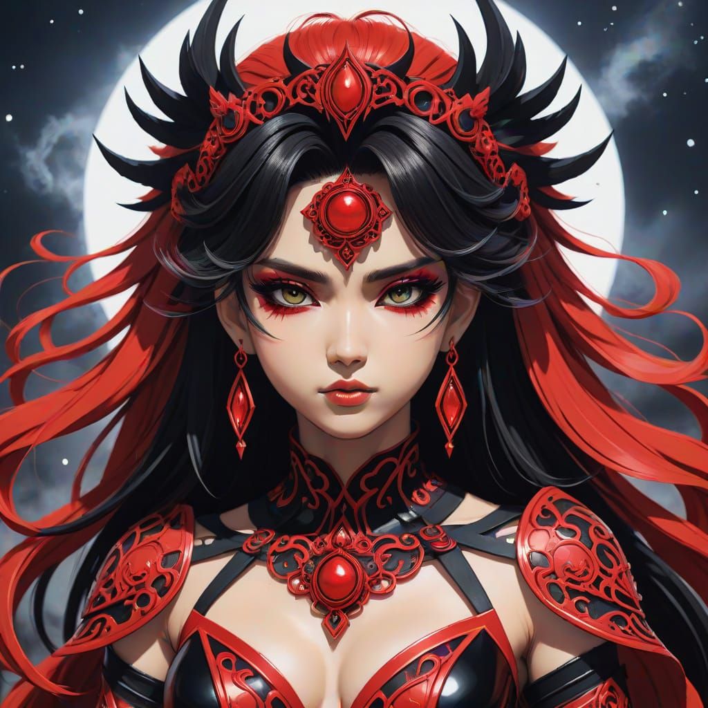 Cyberpunk Goddess Gaia in Vibrant Red and Black