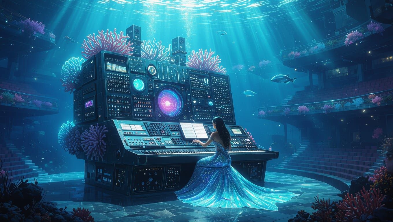 Surreal Underwater Concert Hall in Cosmic Steampunk Style