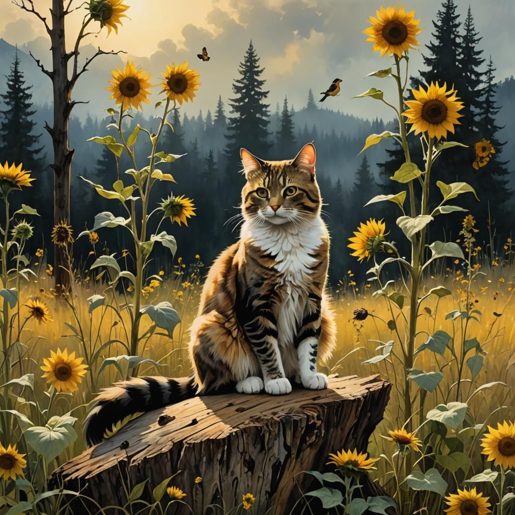 Maine Coon Cat Watching Goldfinch: Acid Ink Wash