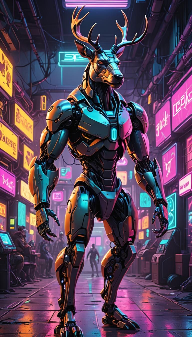 Cyberpunk Anthro Robot Hybrid in Retro-Futuristic Cityscape