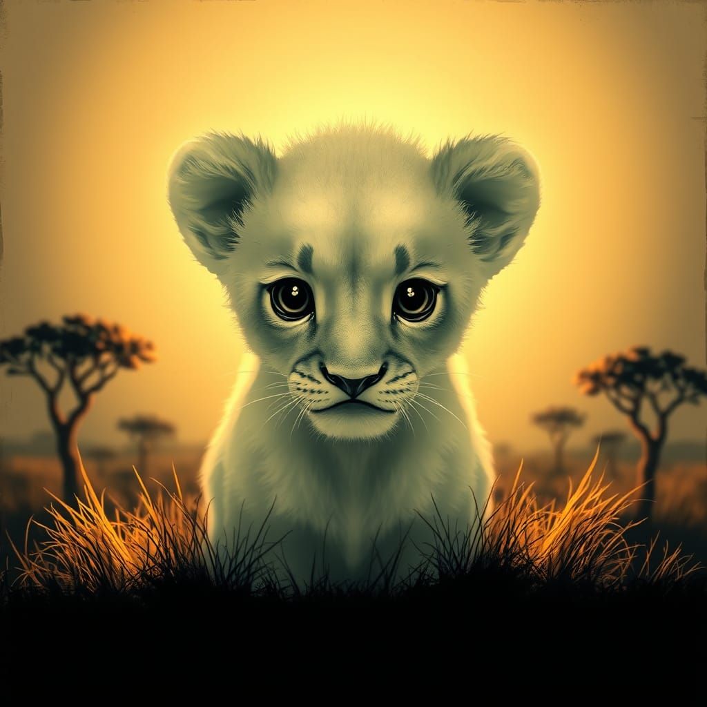 Ethereal Lion Cub in Retrofuturistic Style