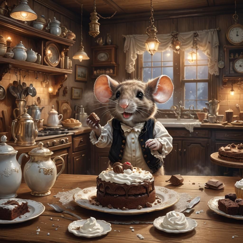 Mouse Eating Cake in Victorian Kitchen