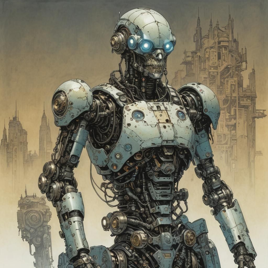 Steampunk Cyborg Robot in Dark City