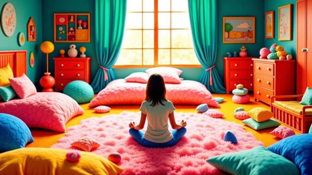 Adult Lost in Whimsical Childhood Bedroom Replica