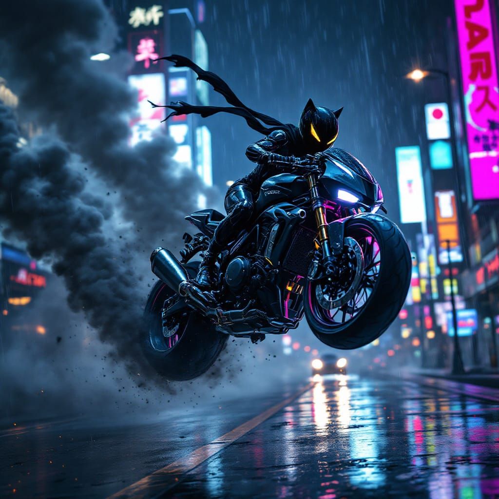 Cyberpunk Motorcycle Jump in Neon City