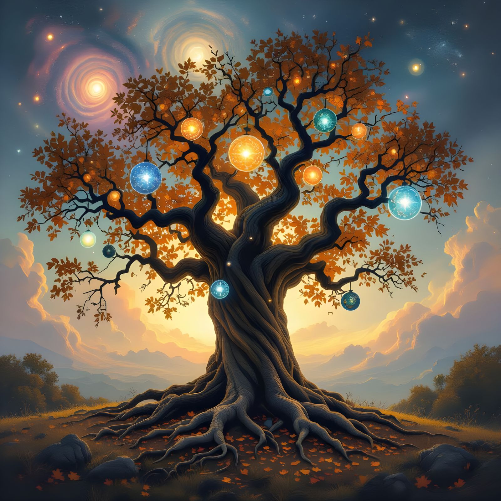 Cosmic Tree with Autumn Leaves in Realism Style