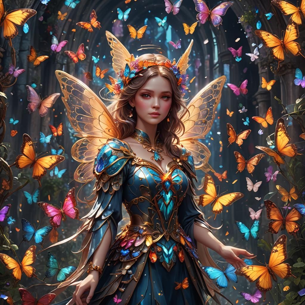Colorful Angel Fairy with Butterflies and Crystals