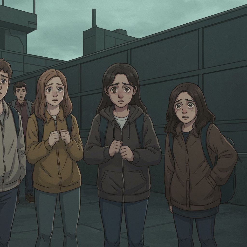 Frightened Students Outside Gloomy School
