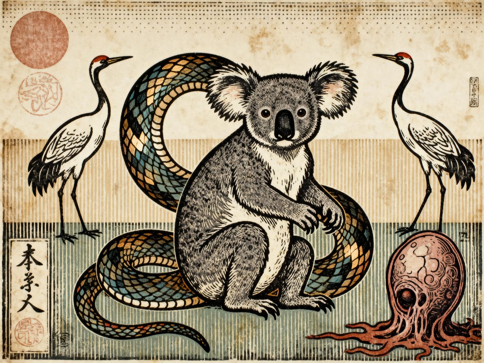 Mystical Koala and Crane in Japanese Squalor