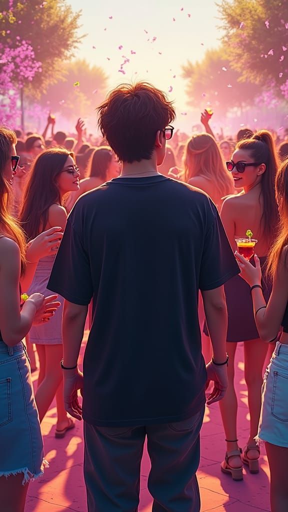 DJ and Fashionable Crowd in Comic Style