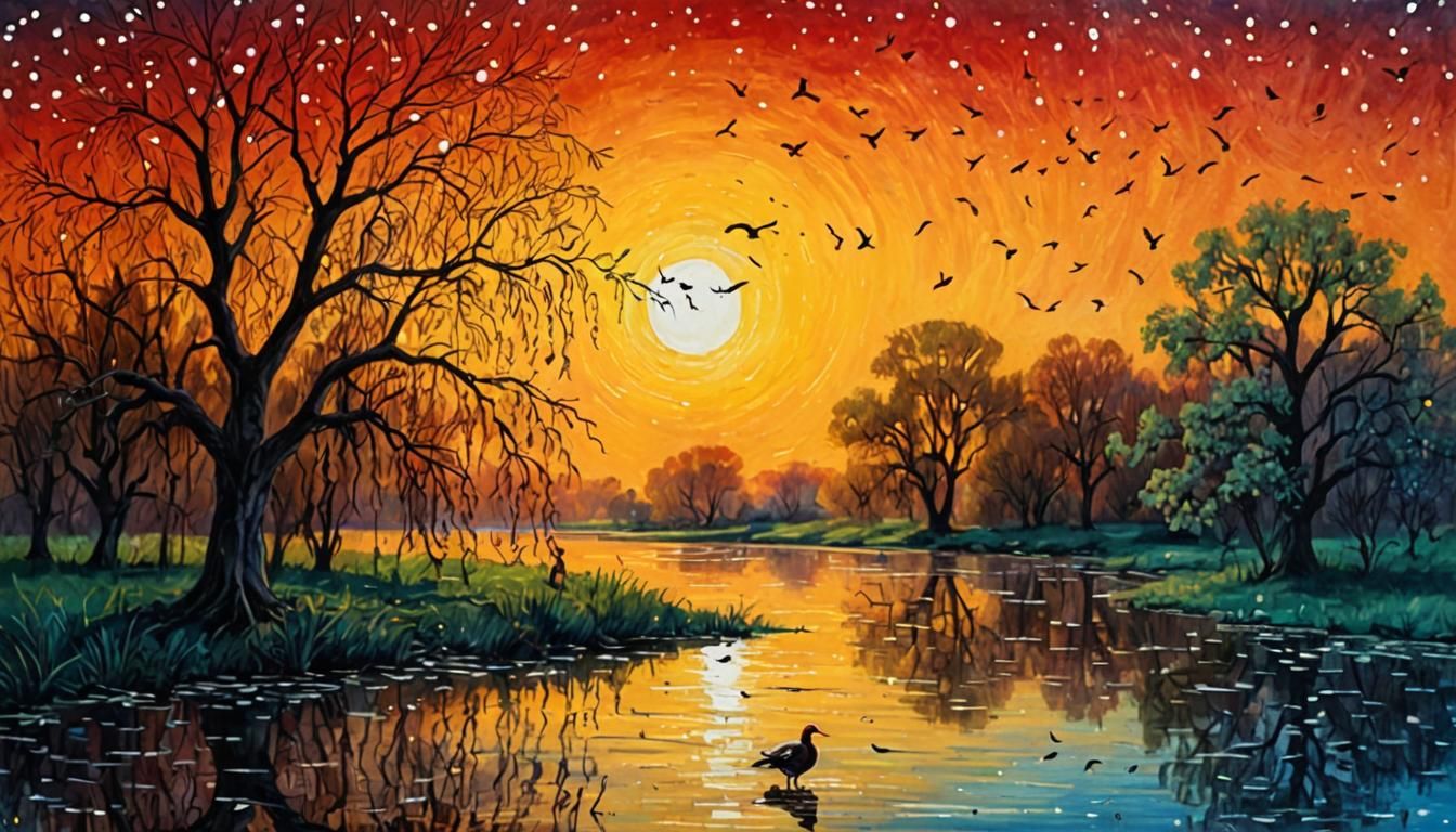 Whimsical Star-Spangled Weeping Willow and Partridge