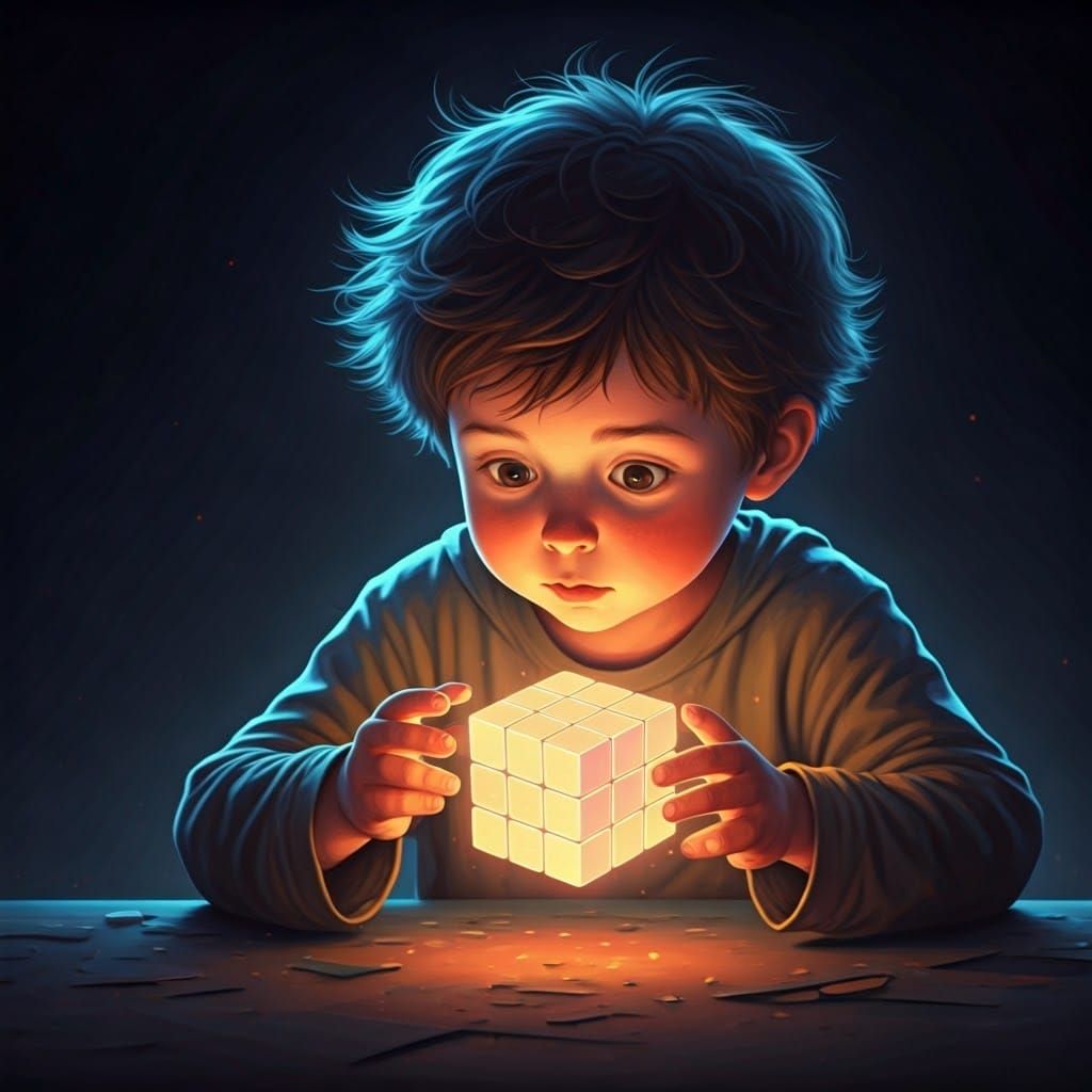 Boy Solves Holographic Rubik's Cube in Futuristic Cityscape
