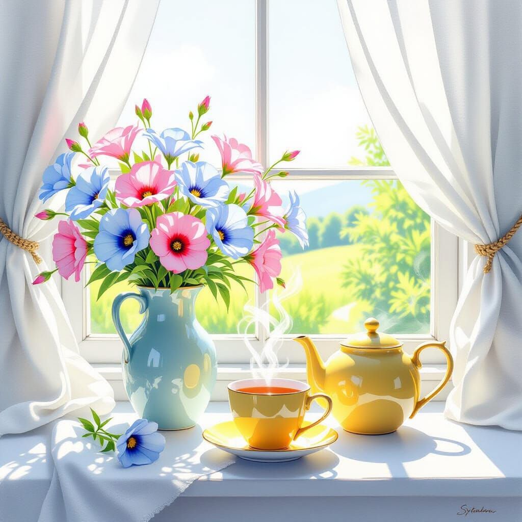 Hyperrealistic Summer Landscape with Flowers and Tea
