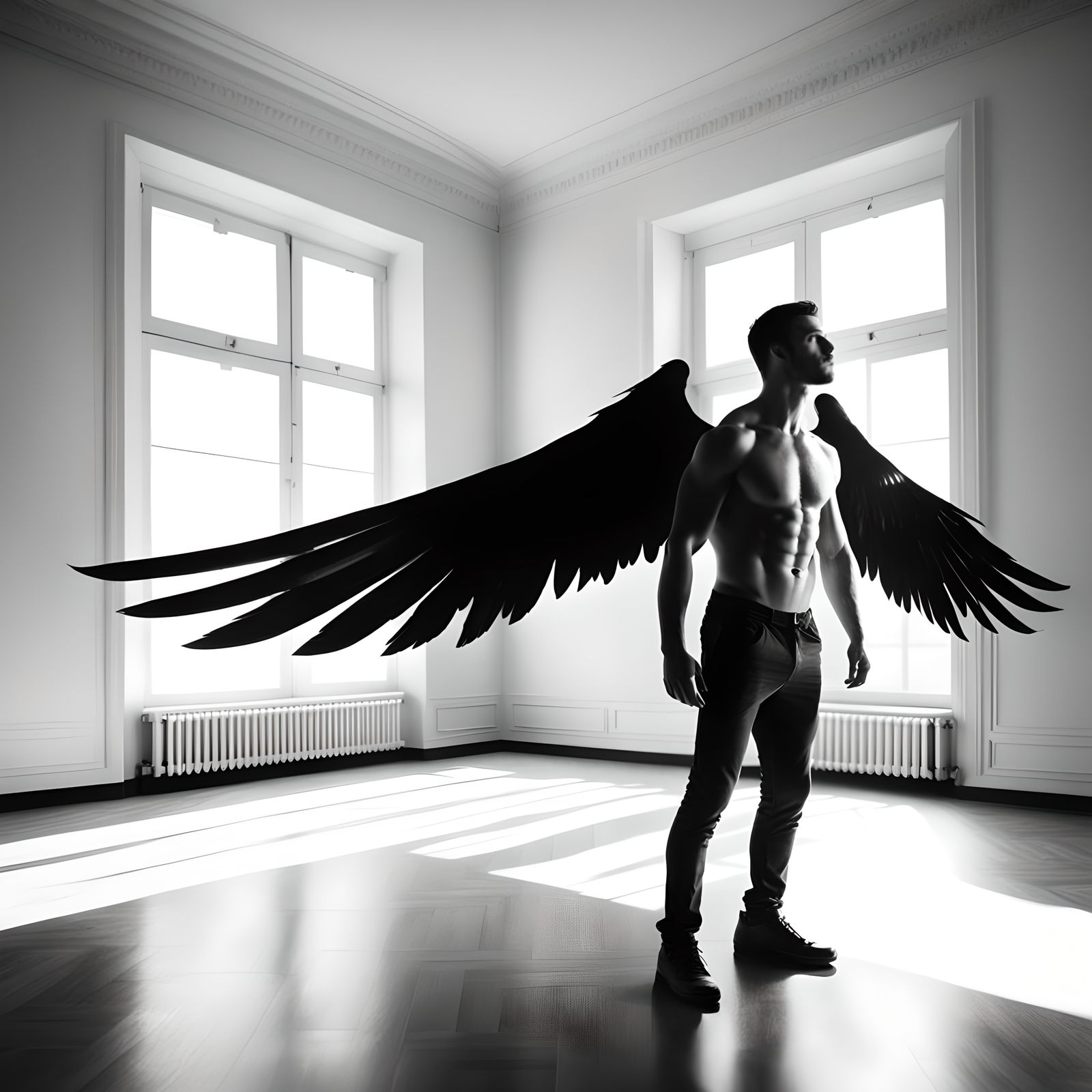 Double Exposure: Winged Man in Empty Room