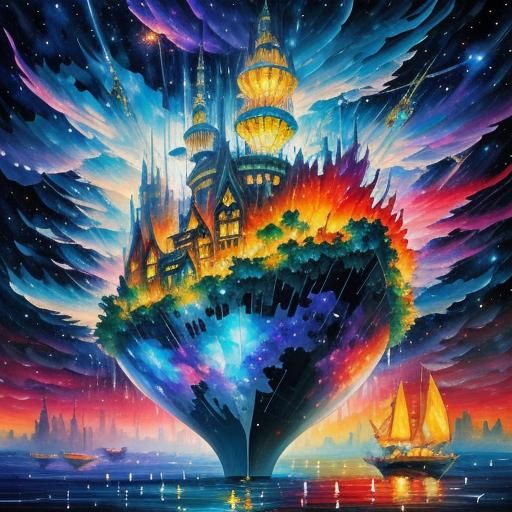 Floating Island with Crystal Gardens in Afremov Style