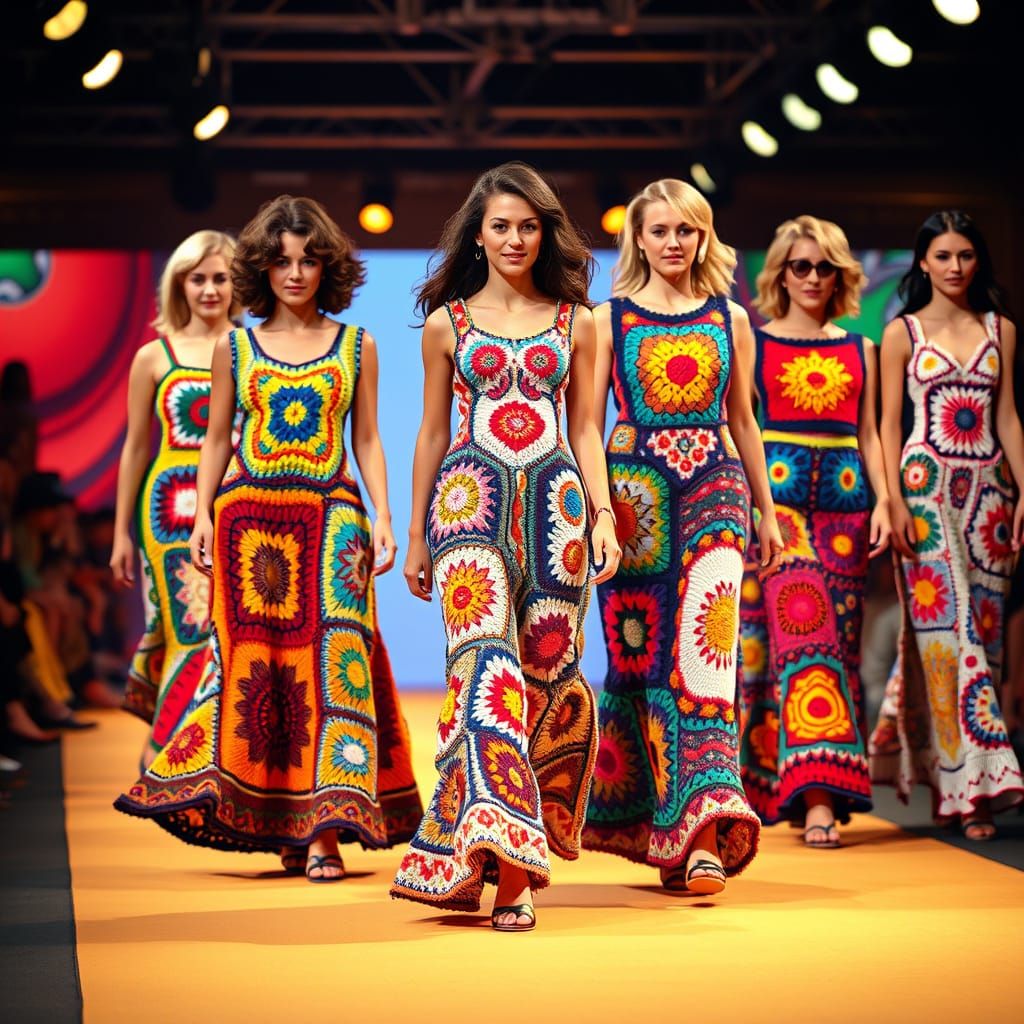 Confident Models Showcase Retro Crocheted Fashion on Vintage...