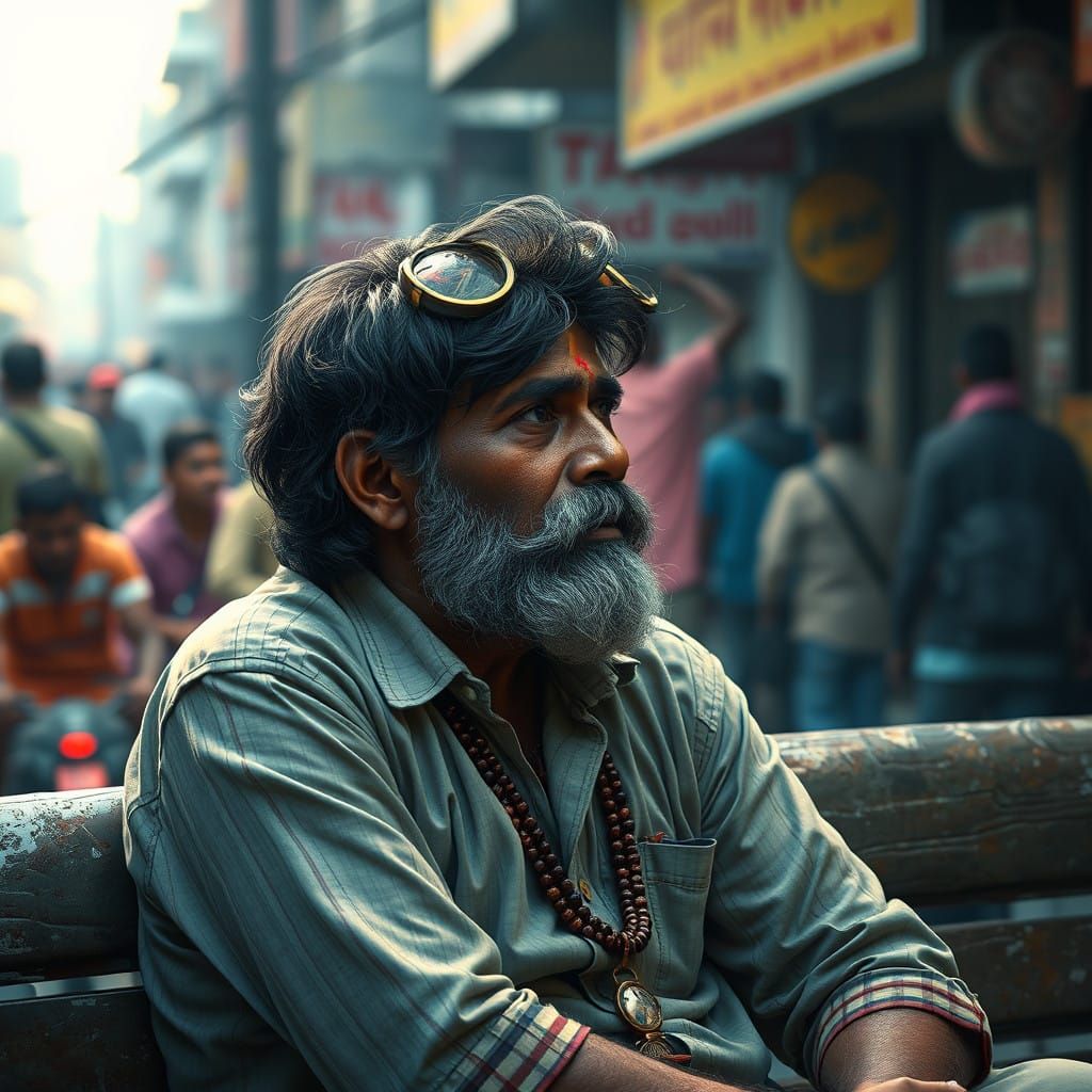 Indian Man Contemplates Life in a Bustling Urban Scene