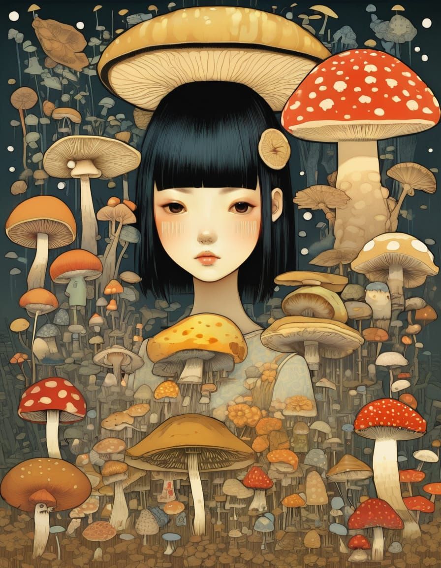 Surreal Mushroom Scene in Whimsical Style