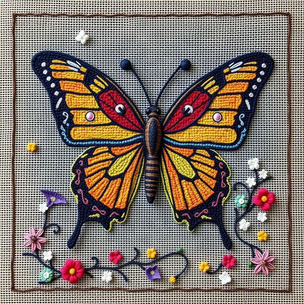 Textile Art Butterfly Over Needlepoint Creation