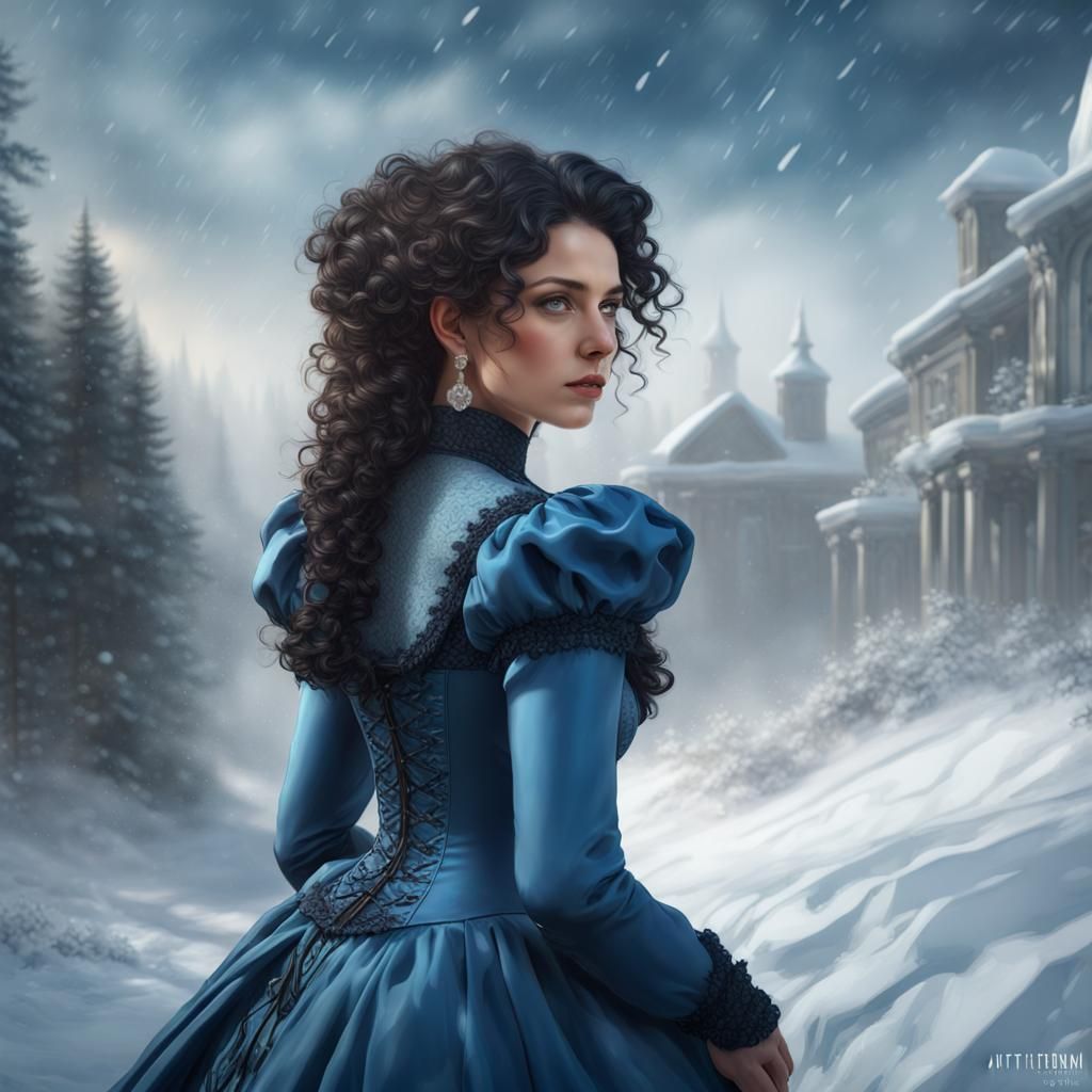 Victorian Woman Portrait in Winter Landscape, Digital Art