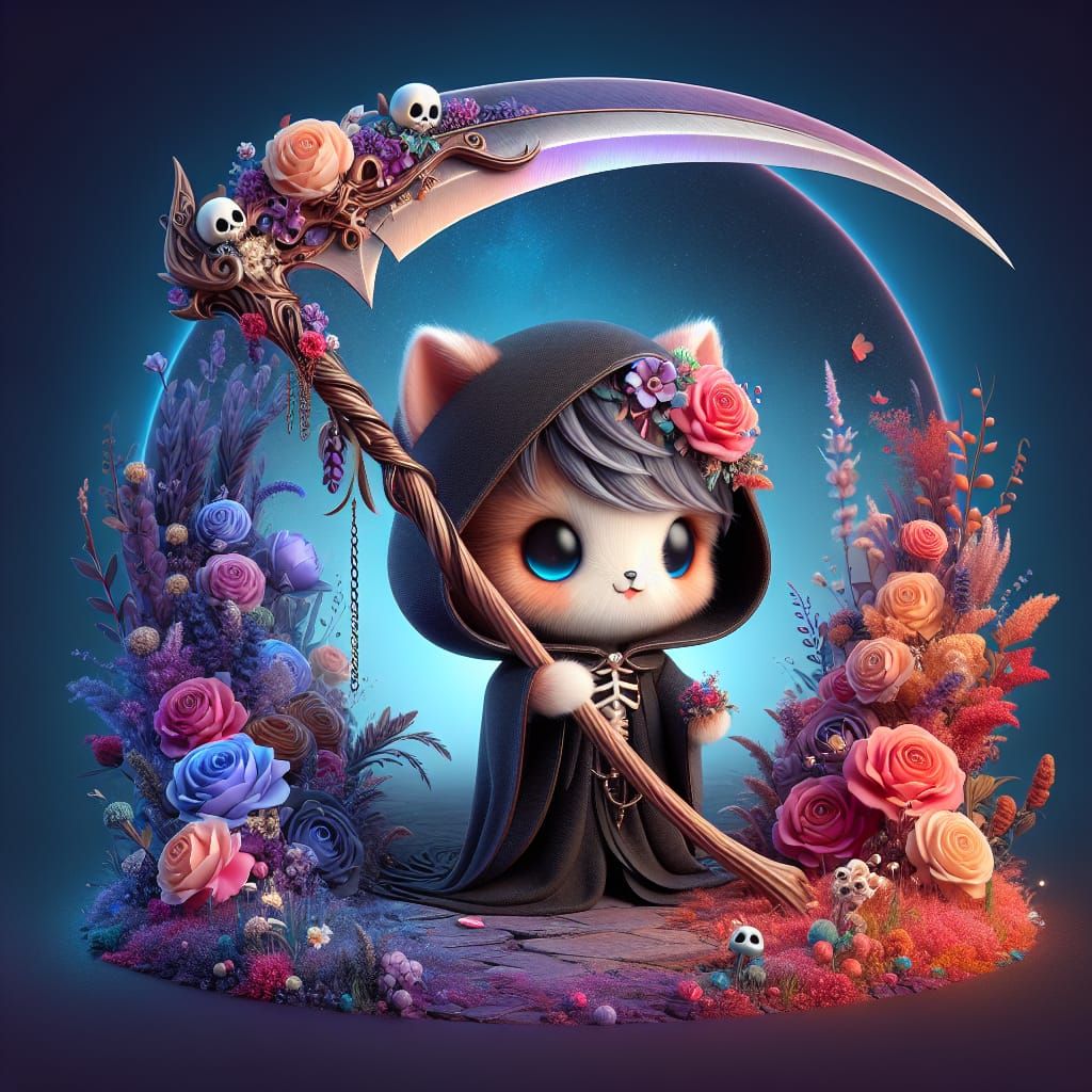 Chibi Kitten Grim Reaper with Floral Scythe