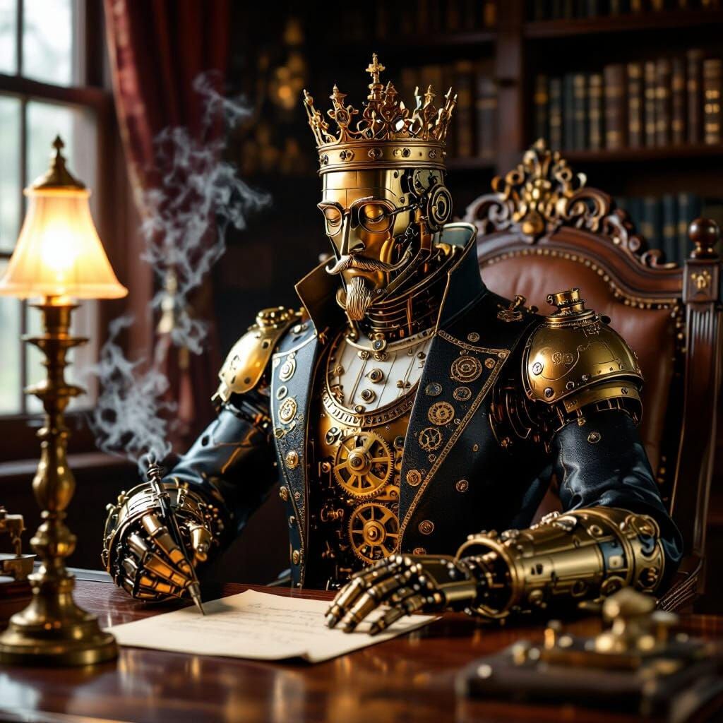 Clockwork King Writes Letter in Ornate Victorian Study