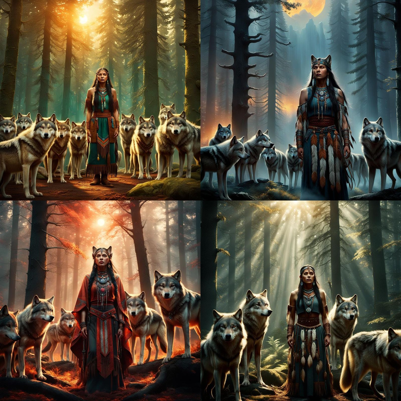 Native American Wolf Shaman in Forest at Sunset