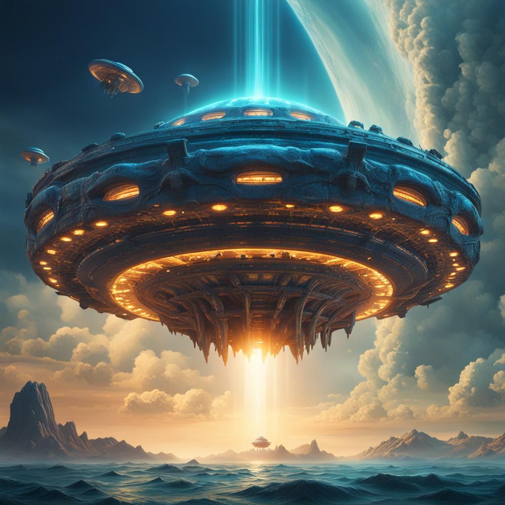 UFO Close Encounter Above Atlantis: Detailed Matte Painting