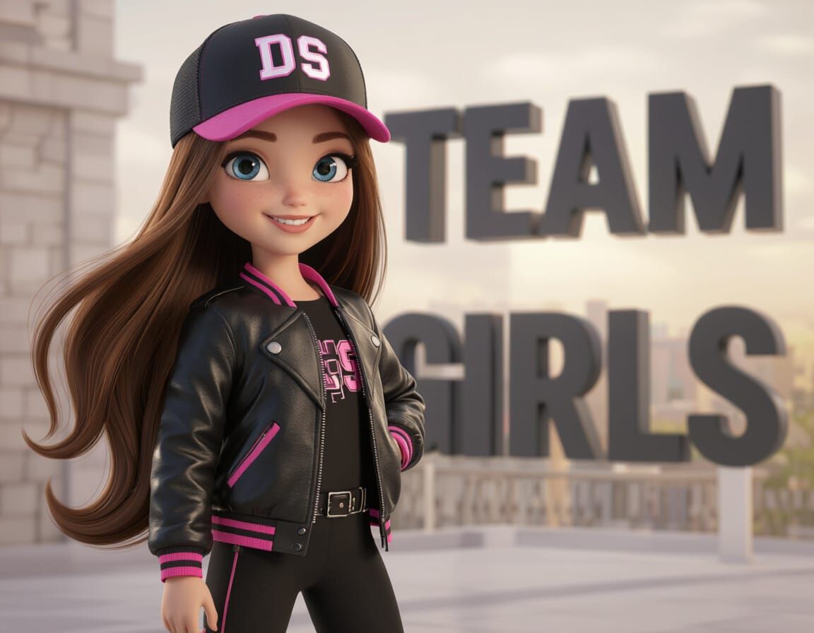 3D Animated Girl in Leather Jacket with "TEAM GIRLS" Text