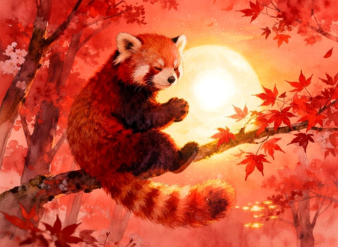 Red Panda Hugs Sun Amidst Sakura Forest at Sunset