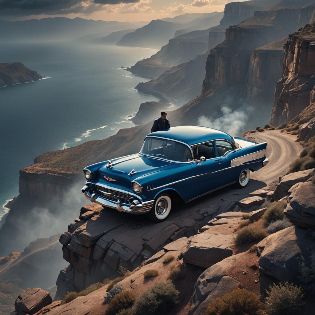 1957 Chevy Bel Air with Young Man at Cliff